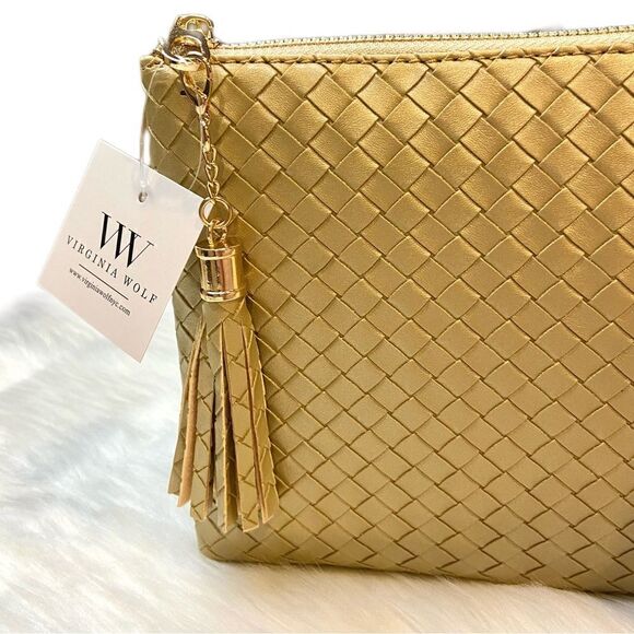 NWT Virginia Wolf Mimi Woven Gold Metallic Pouch Clutch Bag - Picture 7 of 13